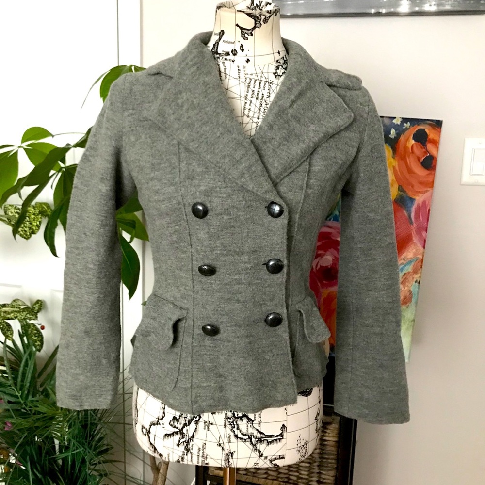 100% Wool Philippe Adec Paris Chunky Blazer crop PeaCoat Cardigan button jacket